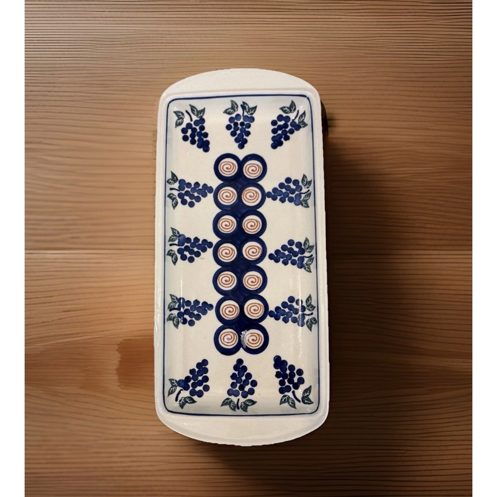Boleslawiec Handmade Polish Pottery Blue Rose Grape Rectangle Serving Dish